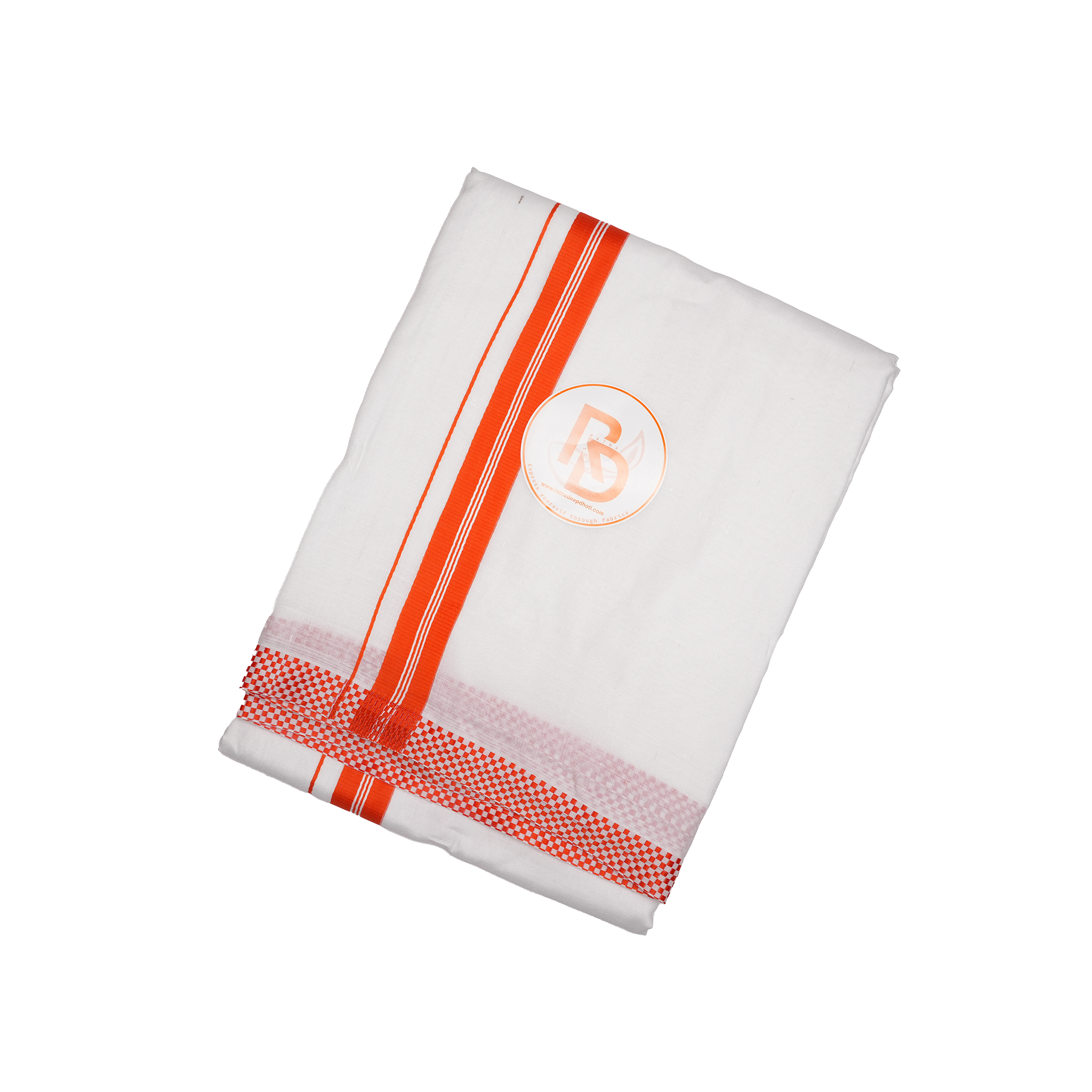 small square woven orange border white cotton dhoti set