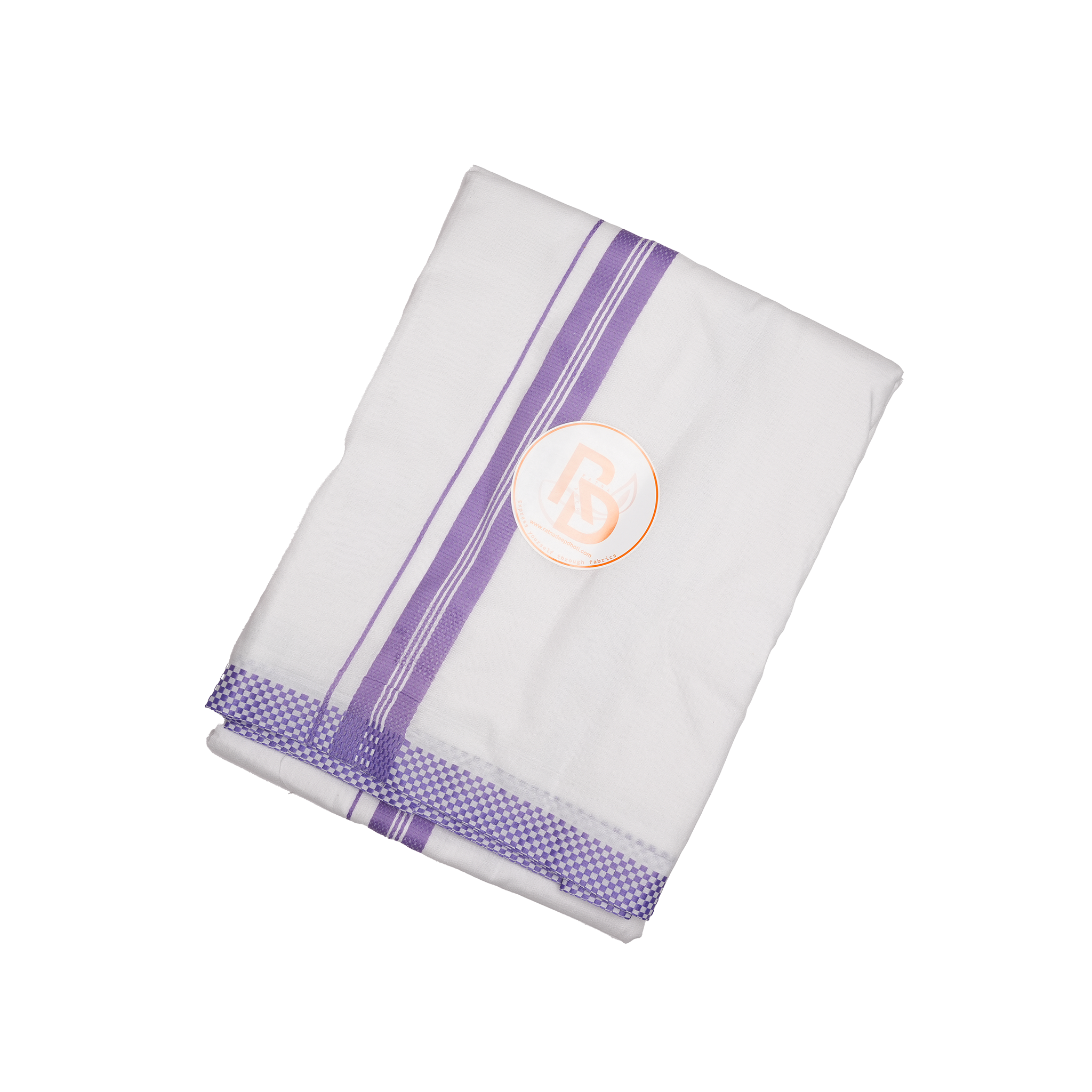 small square woven purple border white cotton dhoti set