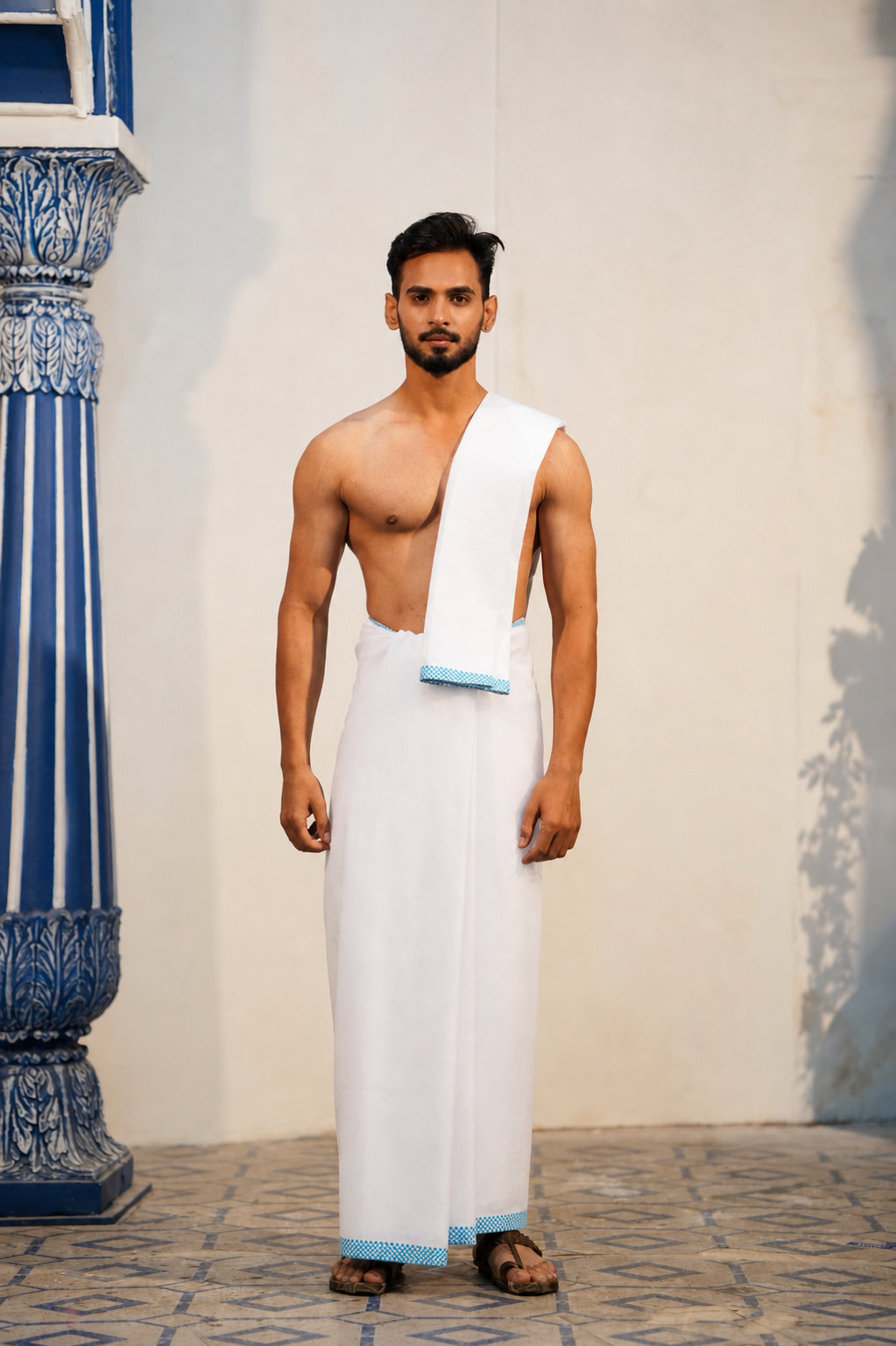 Man wearing a small square woven turquoise border white cotton dhoti with khes