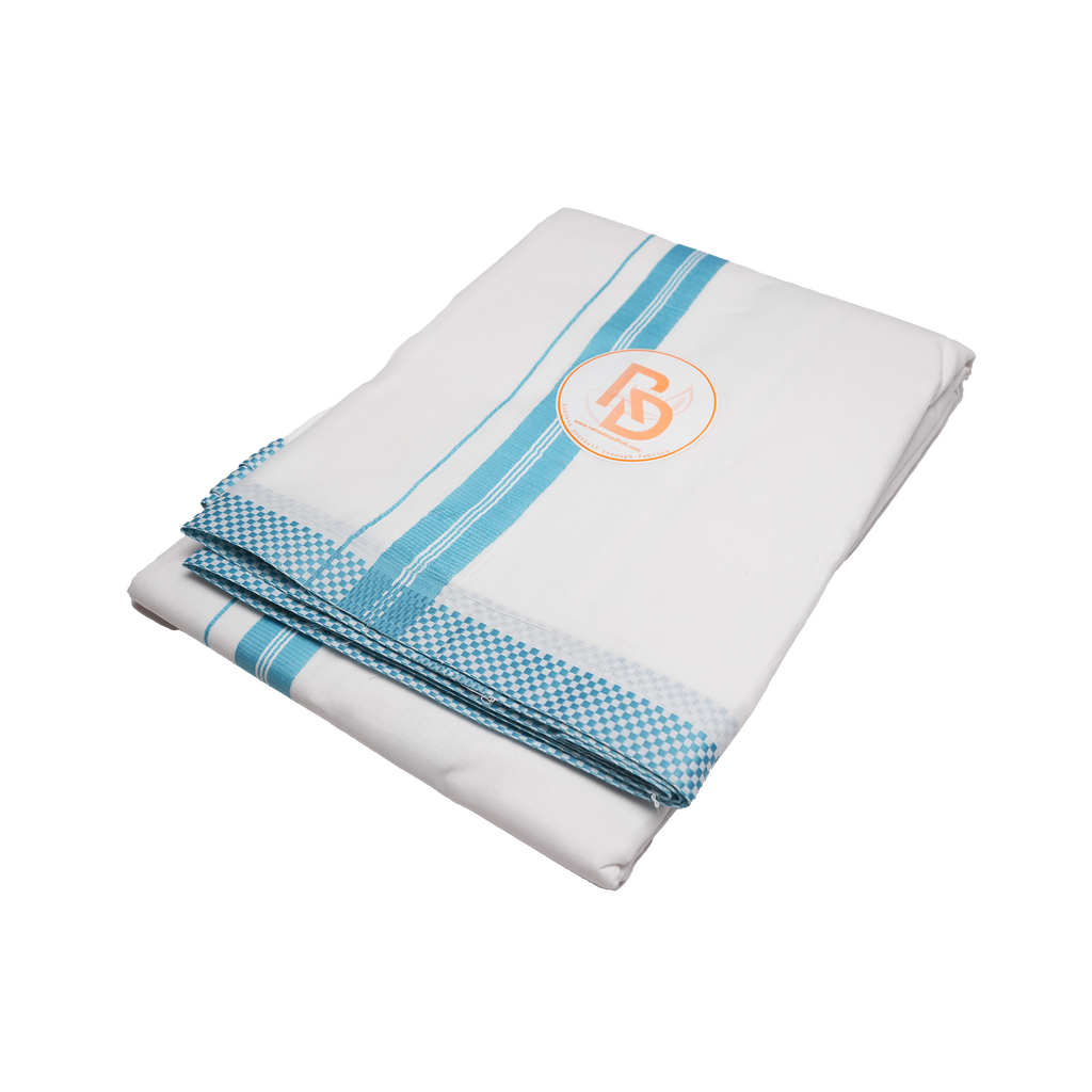 small square woven turquoise border white cotton dhoti set