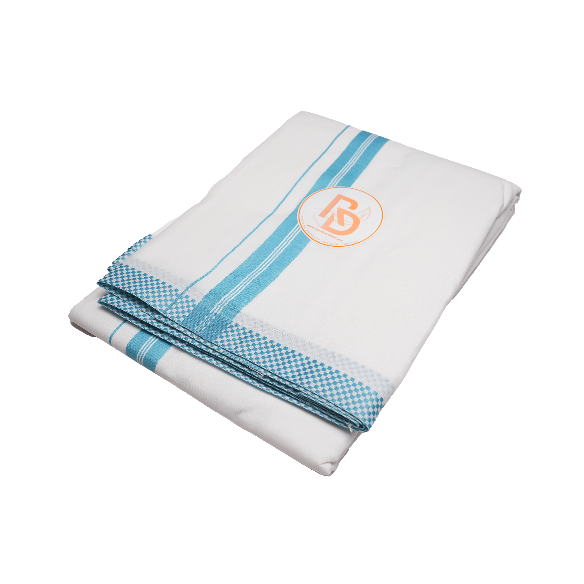 small square woven turquoise border white cotton dhoti set