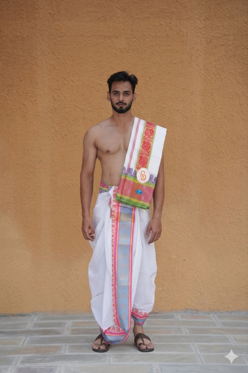Man wearing a south indian style golden peacock jacquard border dhoti with uparana