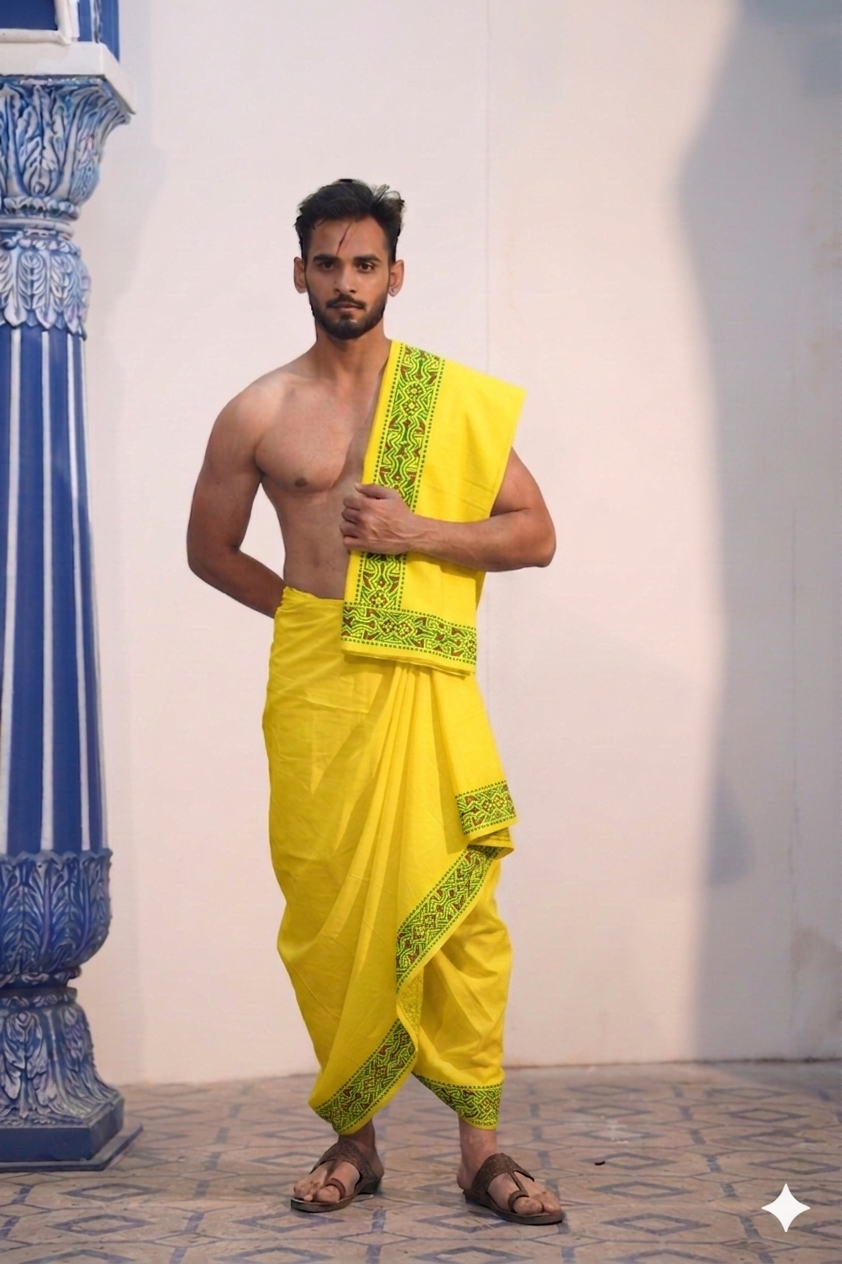 Man wearing a stylish green designing border yellow cotton dhoti with uparana