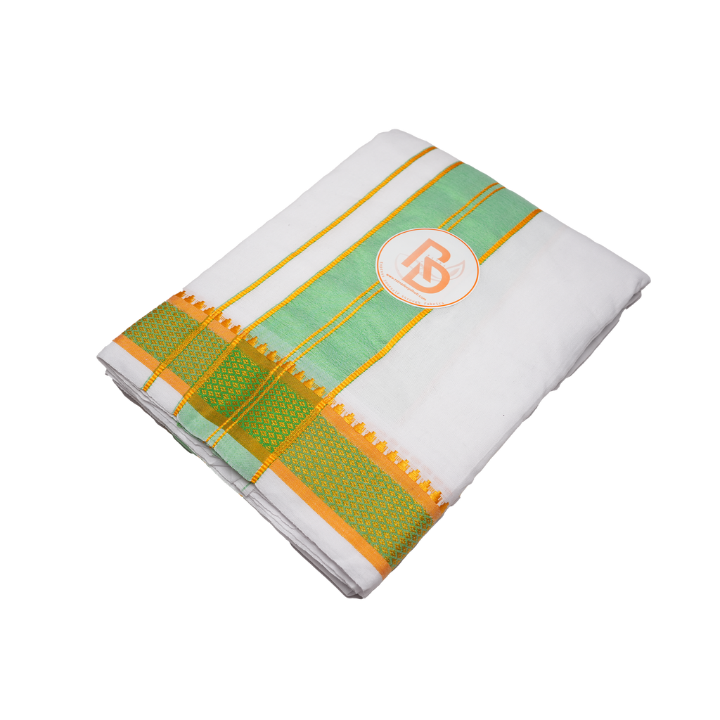 stylish green & golden border white cotton dhoti set