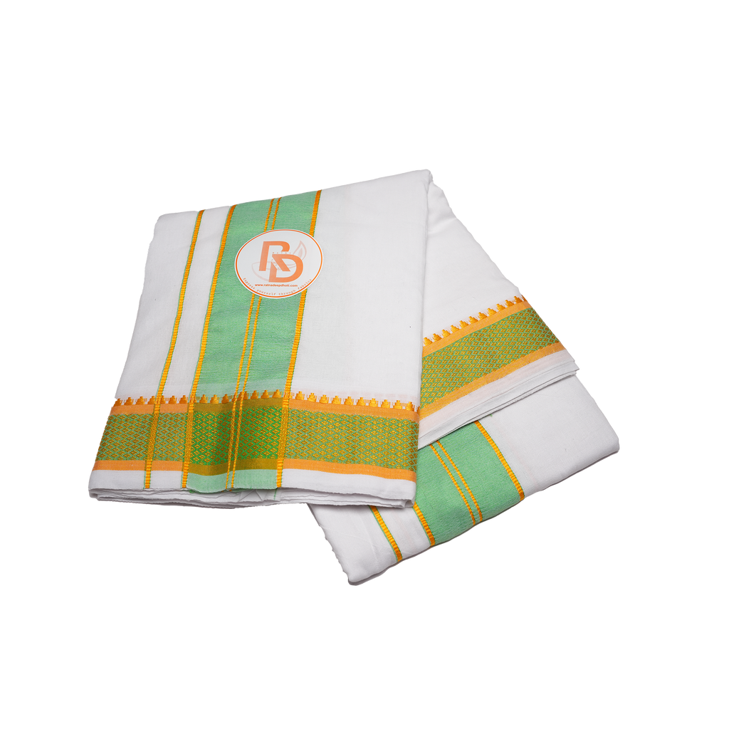 stylish green & golden border white cotton dhoti set