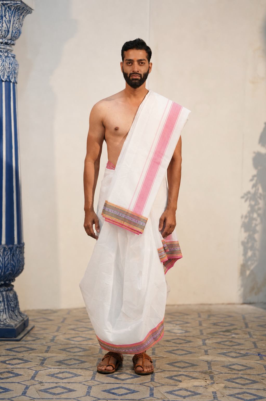 Man wearing a stylish multicolour border white cotton dhoti with matching uparana