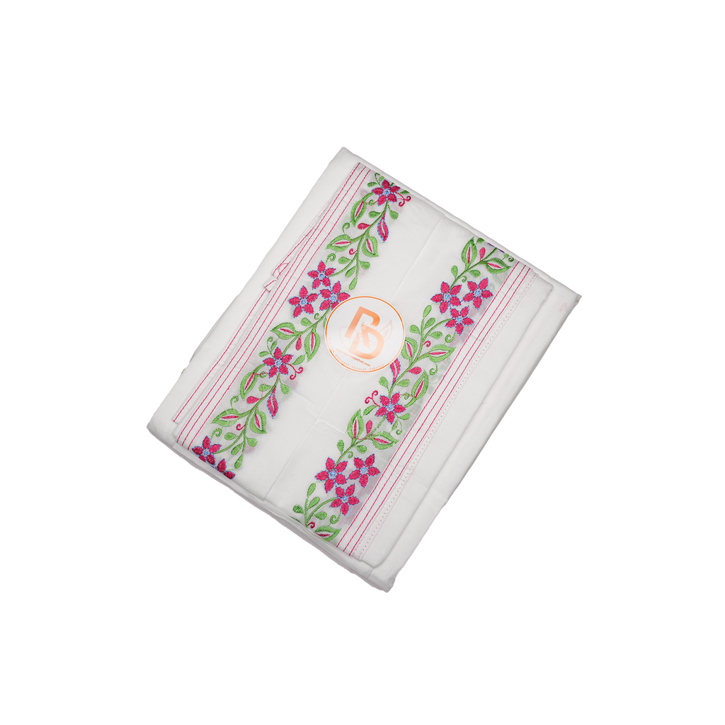 stylish pink & green floral border white pure cotton dhoti set