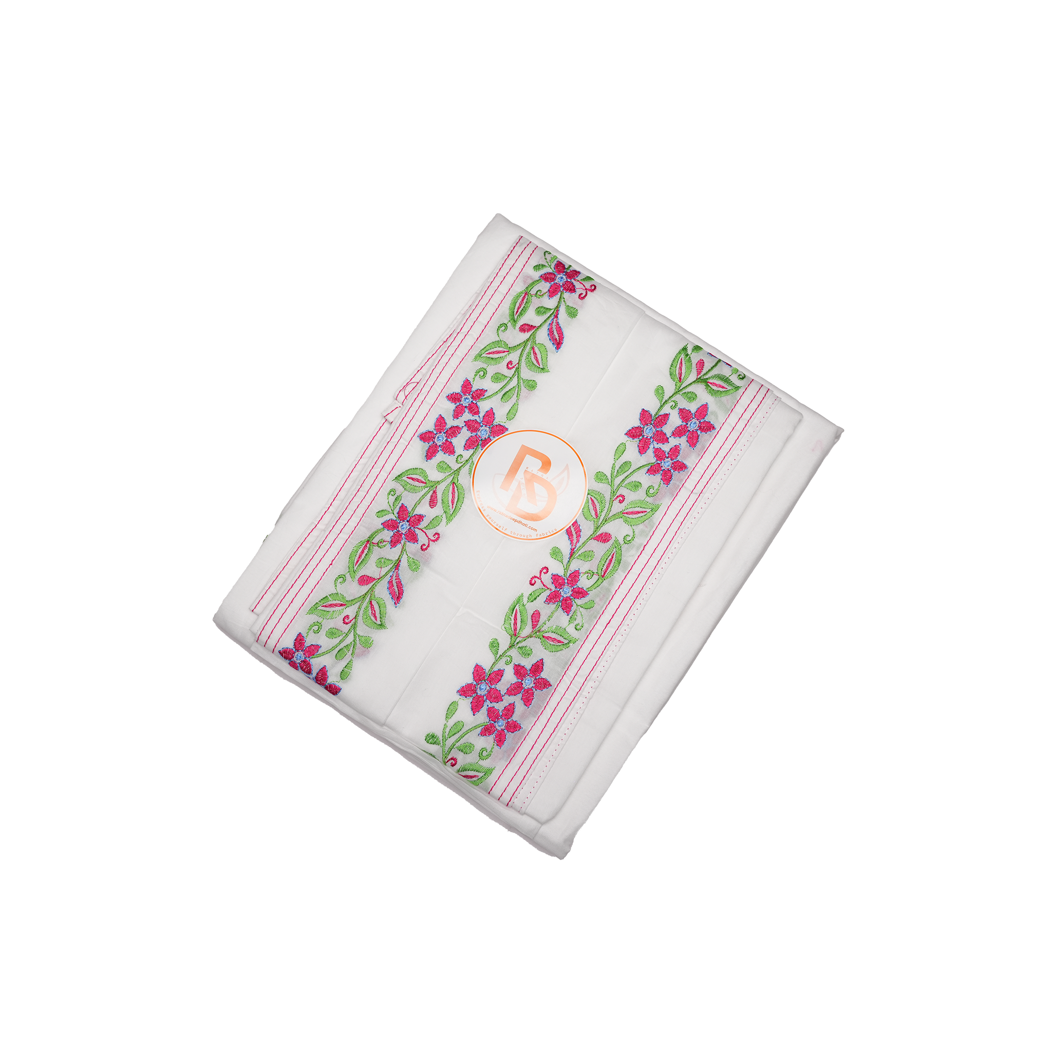 stylish pink & green floral border white pure cotton dhoti set