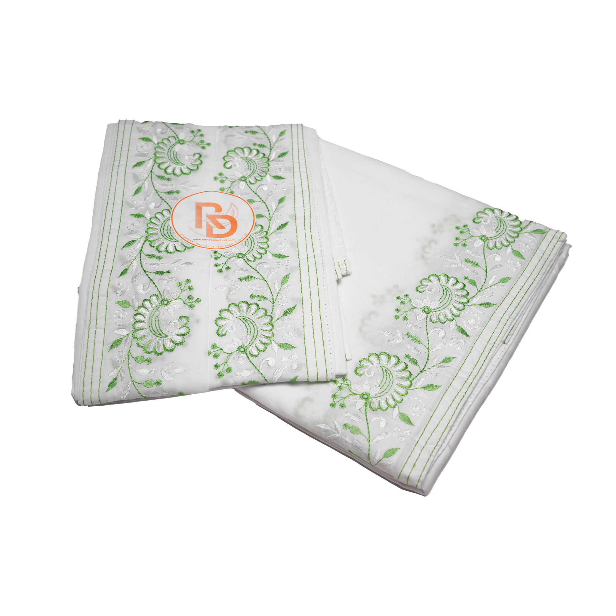 subtle green & white floral border pure cotton dhoti set