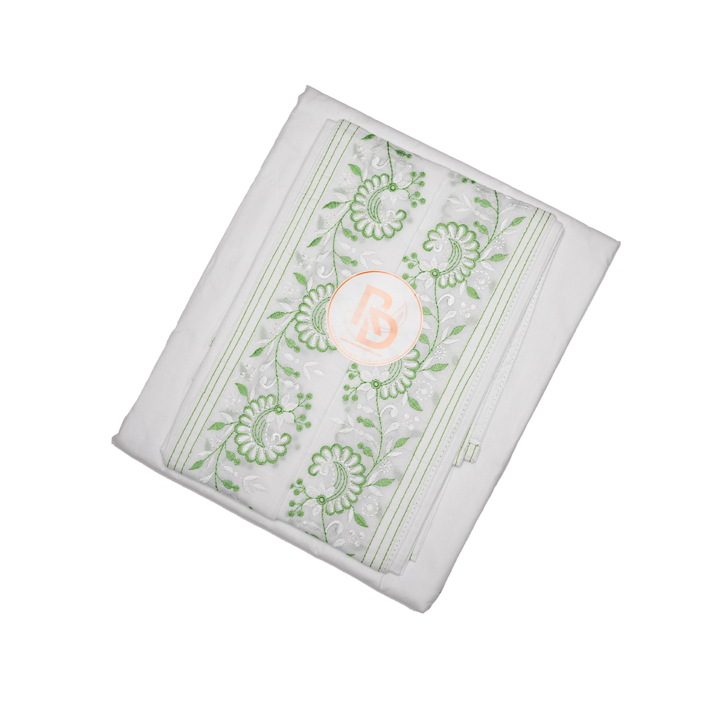 subtle green & white floral border pure cotton dhoti set