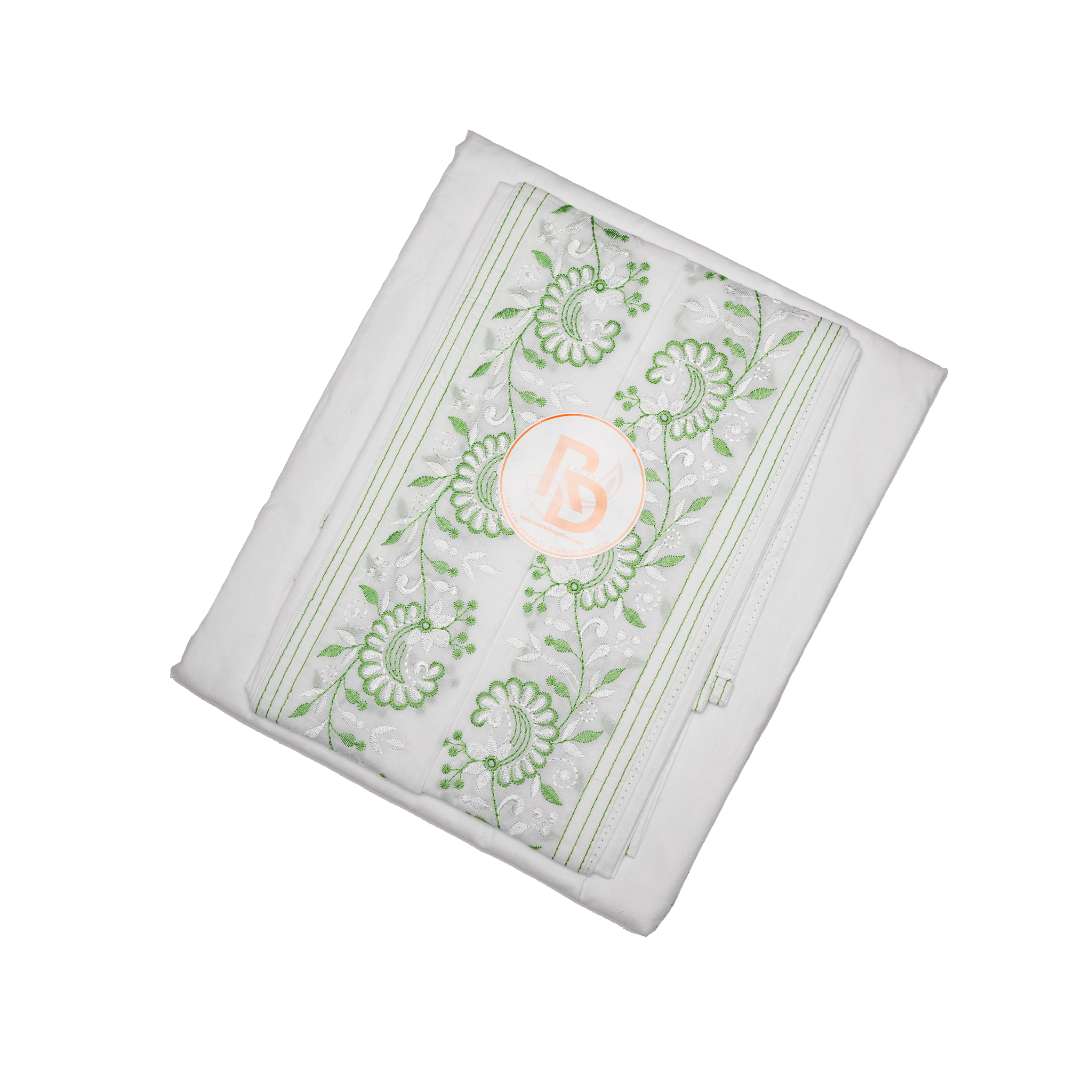 subtle green & white floral border pure cotton dhoti set