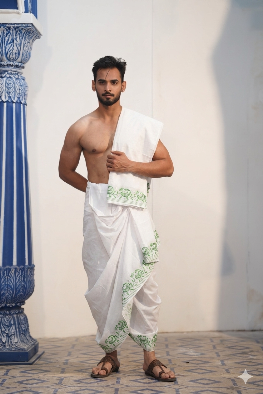 Man wearing a subtle green & white floral border pure cotton dhoti with matching uparana