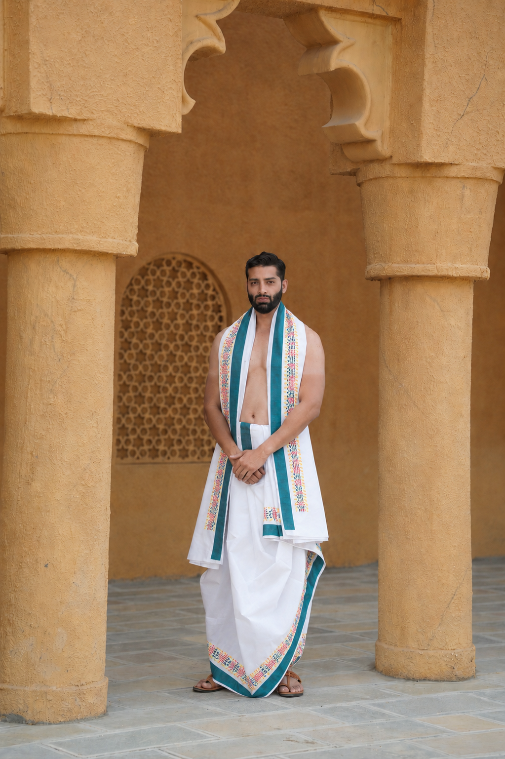 Man wearing a teal and multicolor border white cotton dhoti with uparana