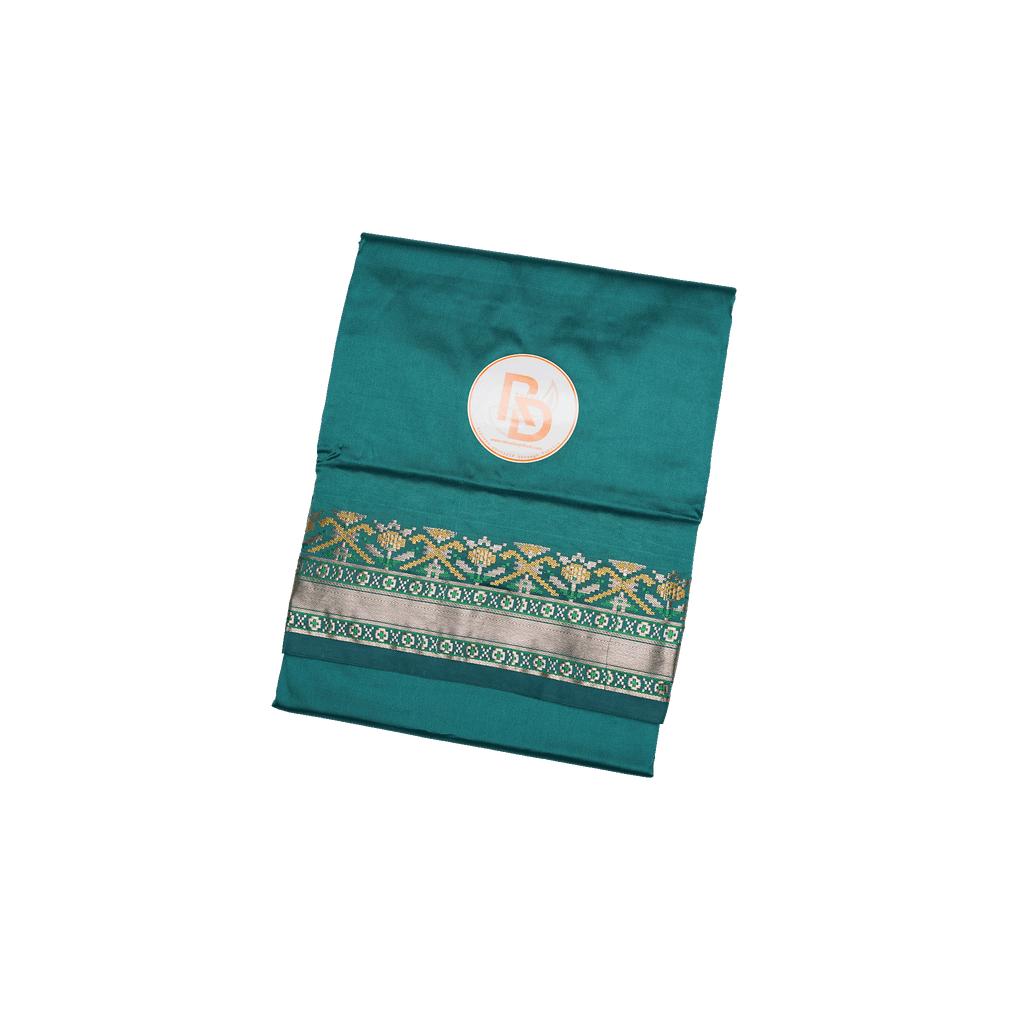 temple motif jacquard border patoda jode semi silk dark green dhoti set