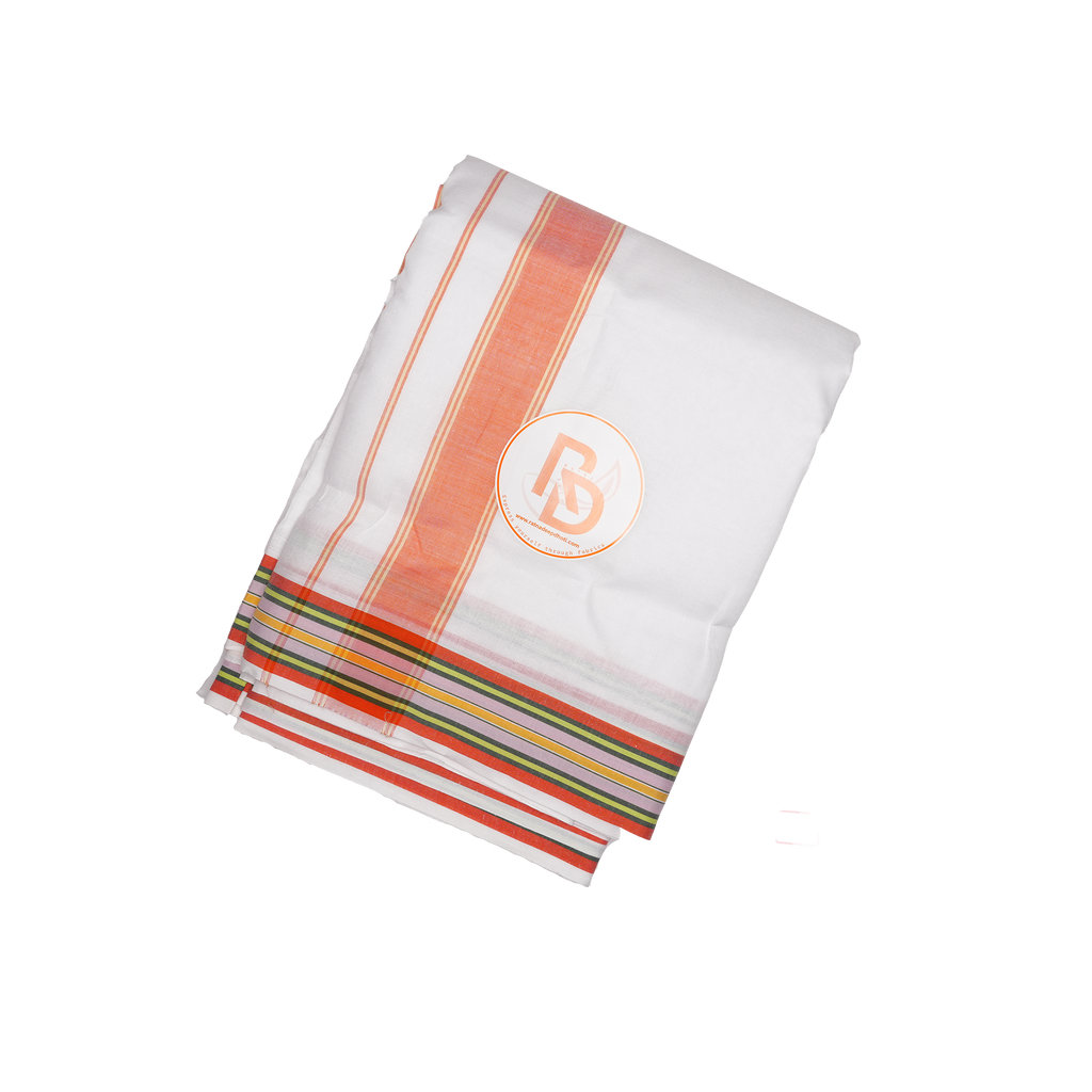 terracotta orange stripe & multicolour border white cotton dhoti set