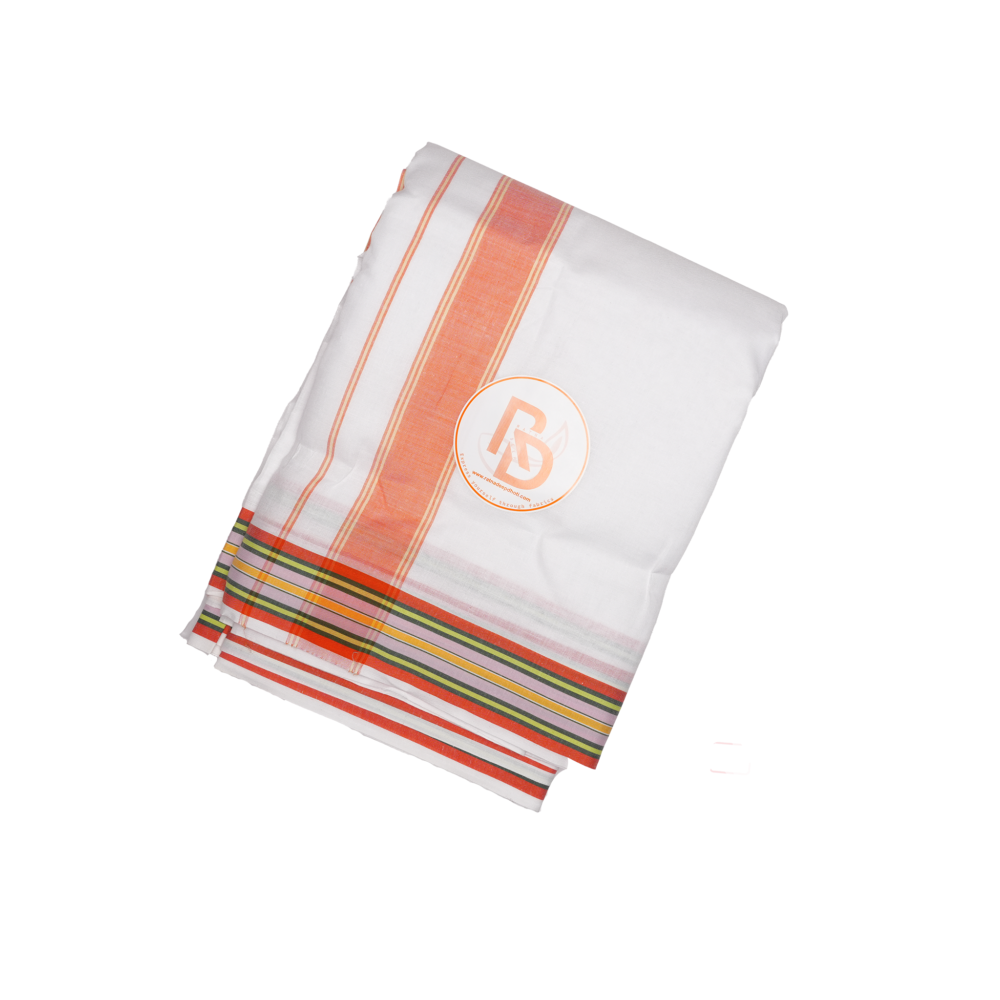 terracotta orange stripe & multicolour border white cotton dhoti set