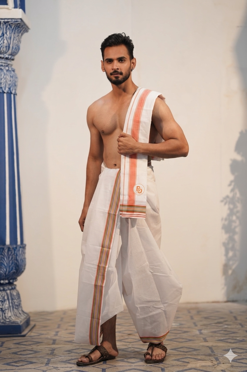 Man wearing a terracotta orange stripe & multicolour border white cotton dhoti with uparana