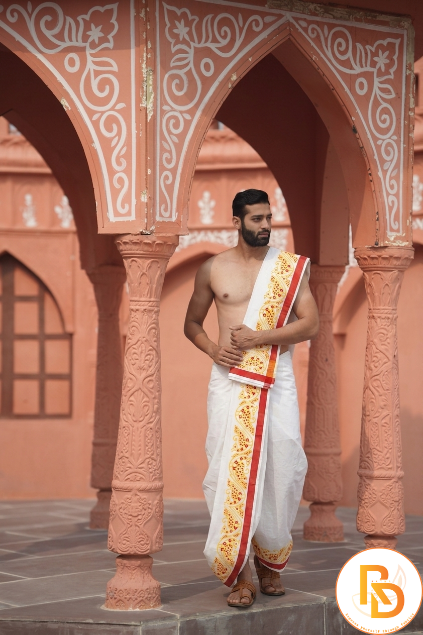 Man wearing a thilani motif print cotton dhoti with uparana