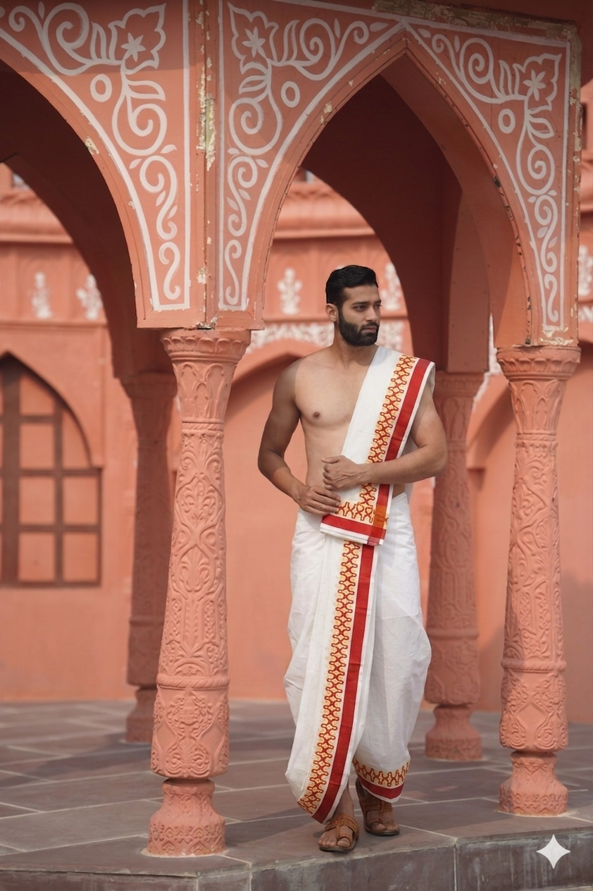 Man wearing a thilani motif printed red border cotton dhoti with uparana