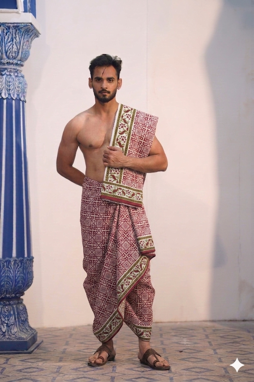Man wearing a ethnic maroon and green border designed dhoti with uparana