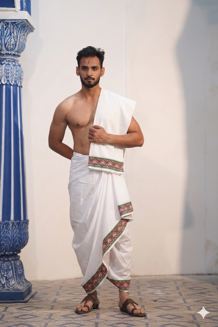 Man wearing a traditional border white cotton dhoti with uparana