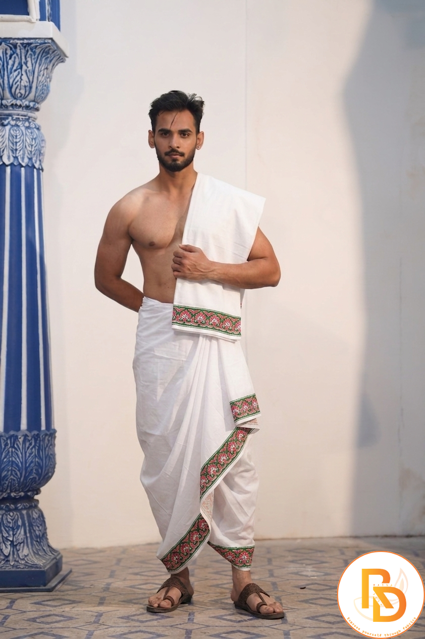 Man wearing a traditional border white cotton dhoti with uparana