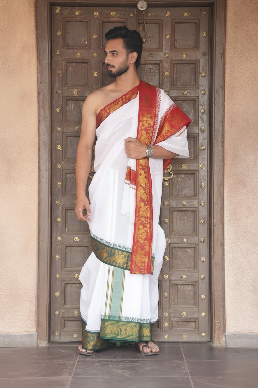Man wearing a traditional white dhoti with a green border in front of a wooden door.