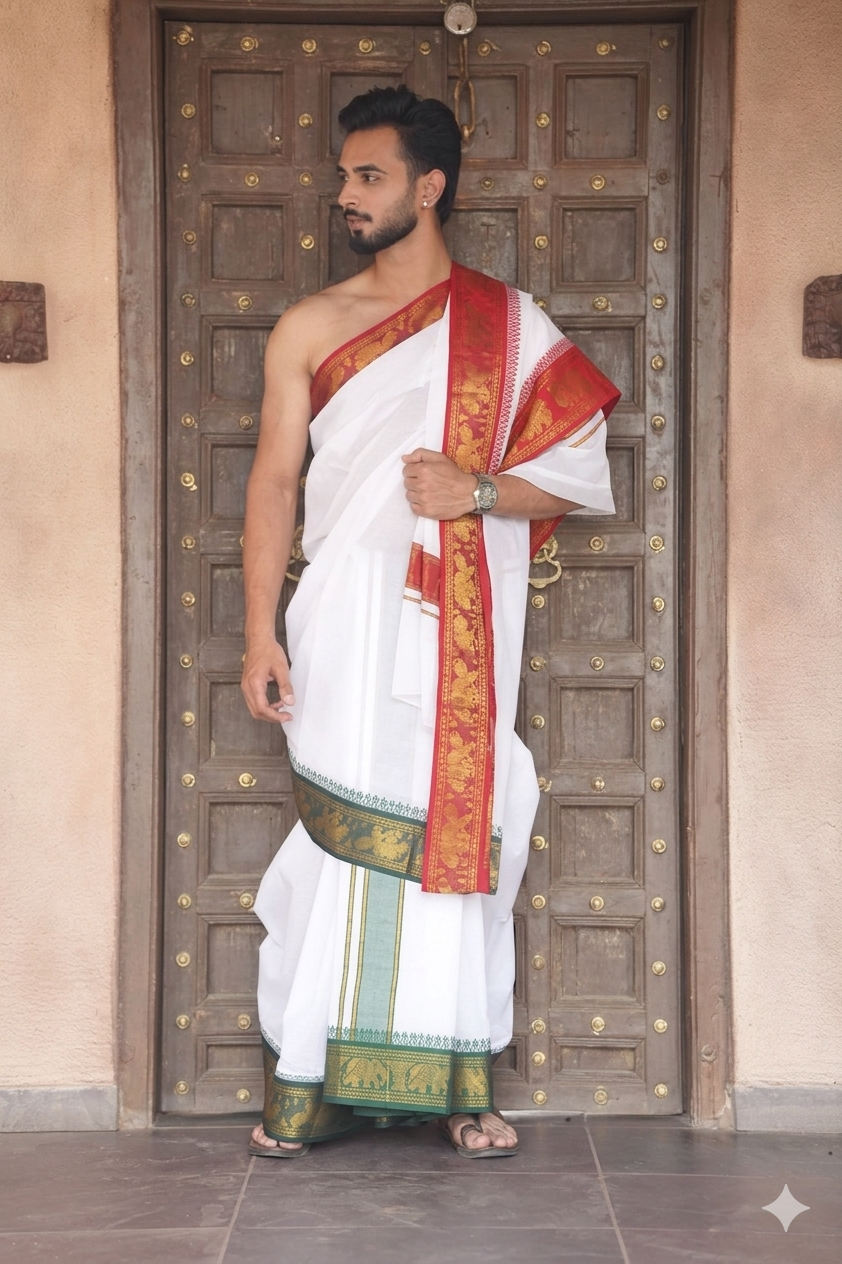 Man wearing a traditional white dhoti with a green border in front of a wooden door.