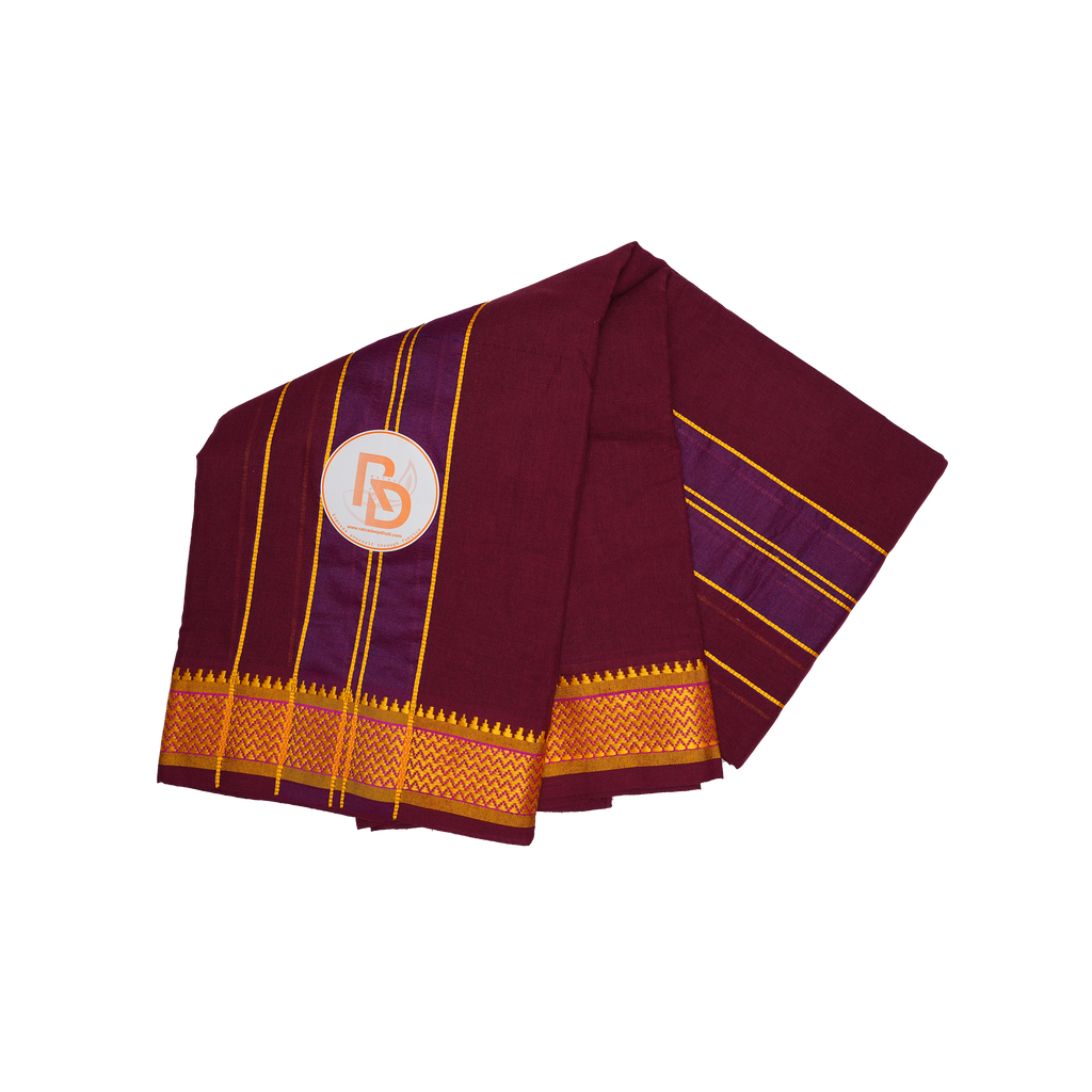 traditional gold zari border maroon cotton dhoti set