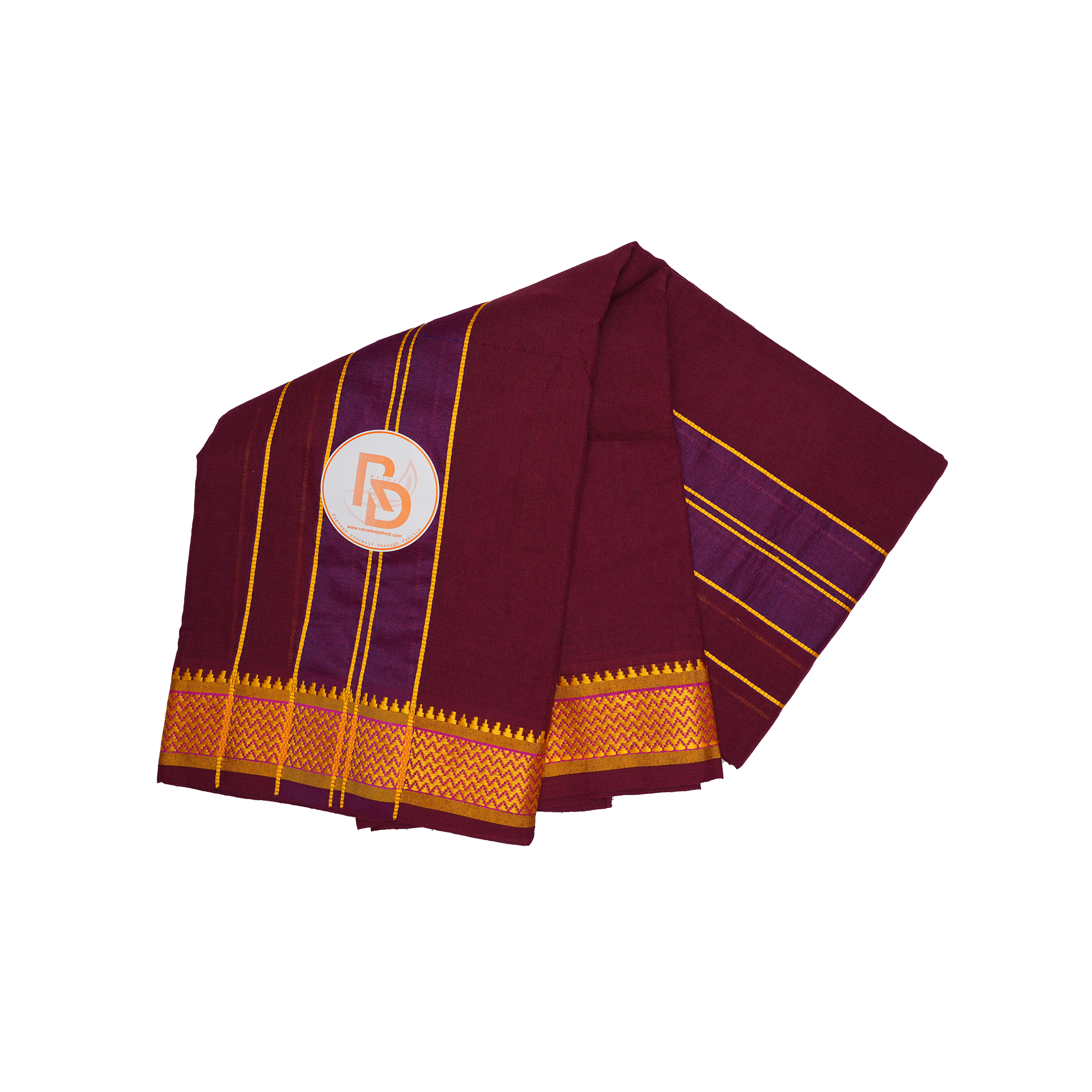 traditional gold zari border maroon cotton dhoti set