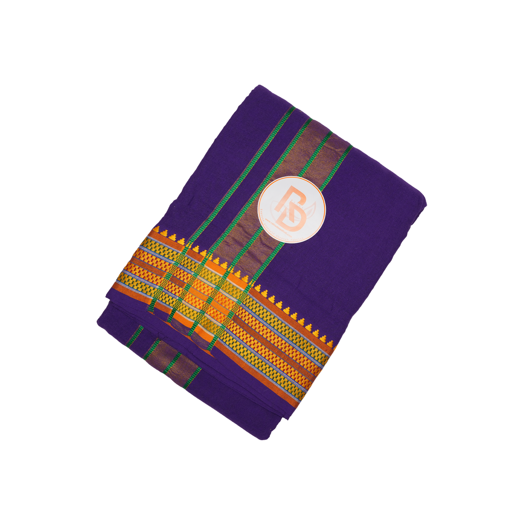 traditional gold zari border purple cotton dhoti set