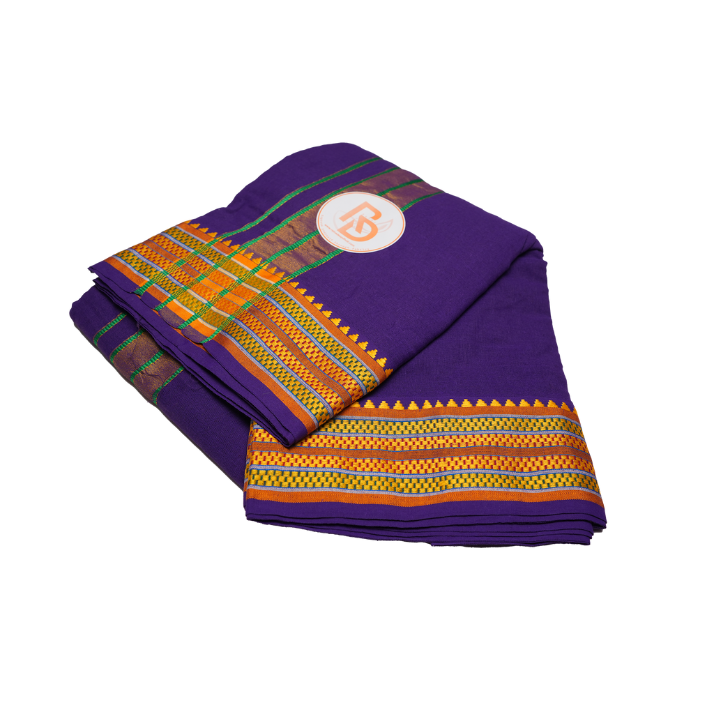 traditional gold zari border purple cotton dhoti set