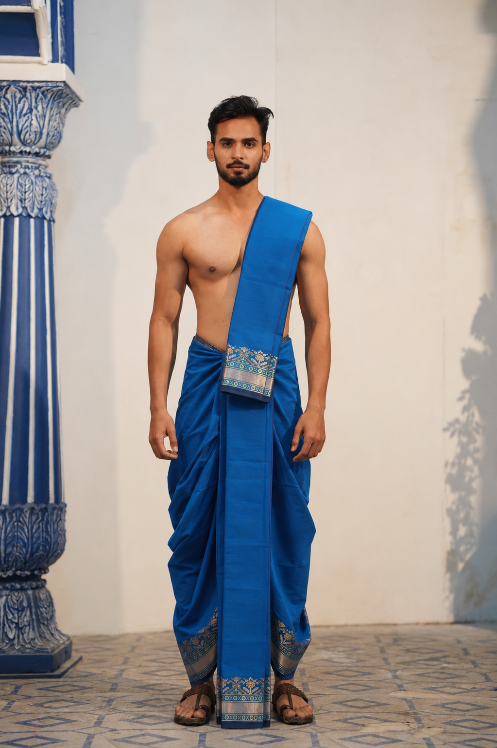 Man wearing a traditional jacquard border patoda jode semi silk dhoti with uparana