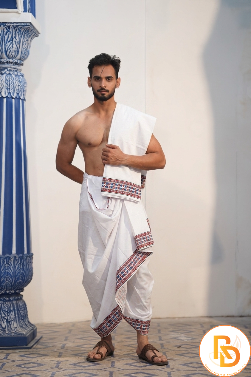 Man wearing a traditional multicolor printed cotton dhoti with khes