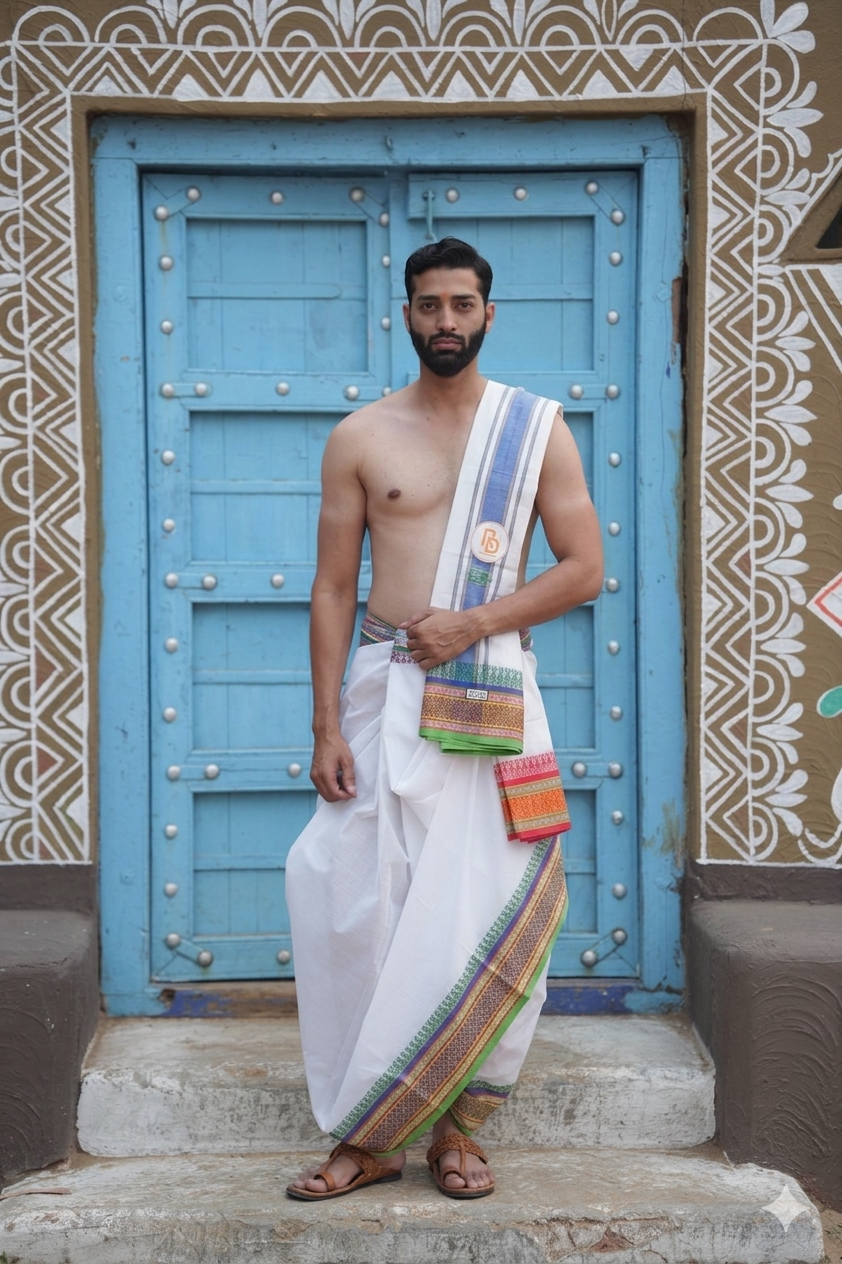 Man wearing a traditional multicolour white pure cotton dhoti with khes