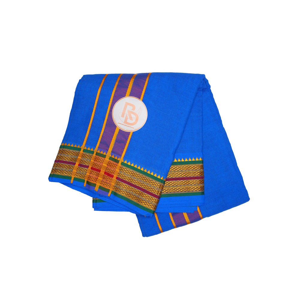 traditional woven zari border royal blue cotton dhoti set
