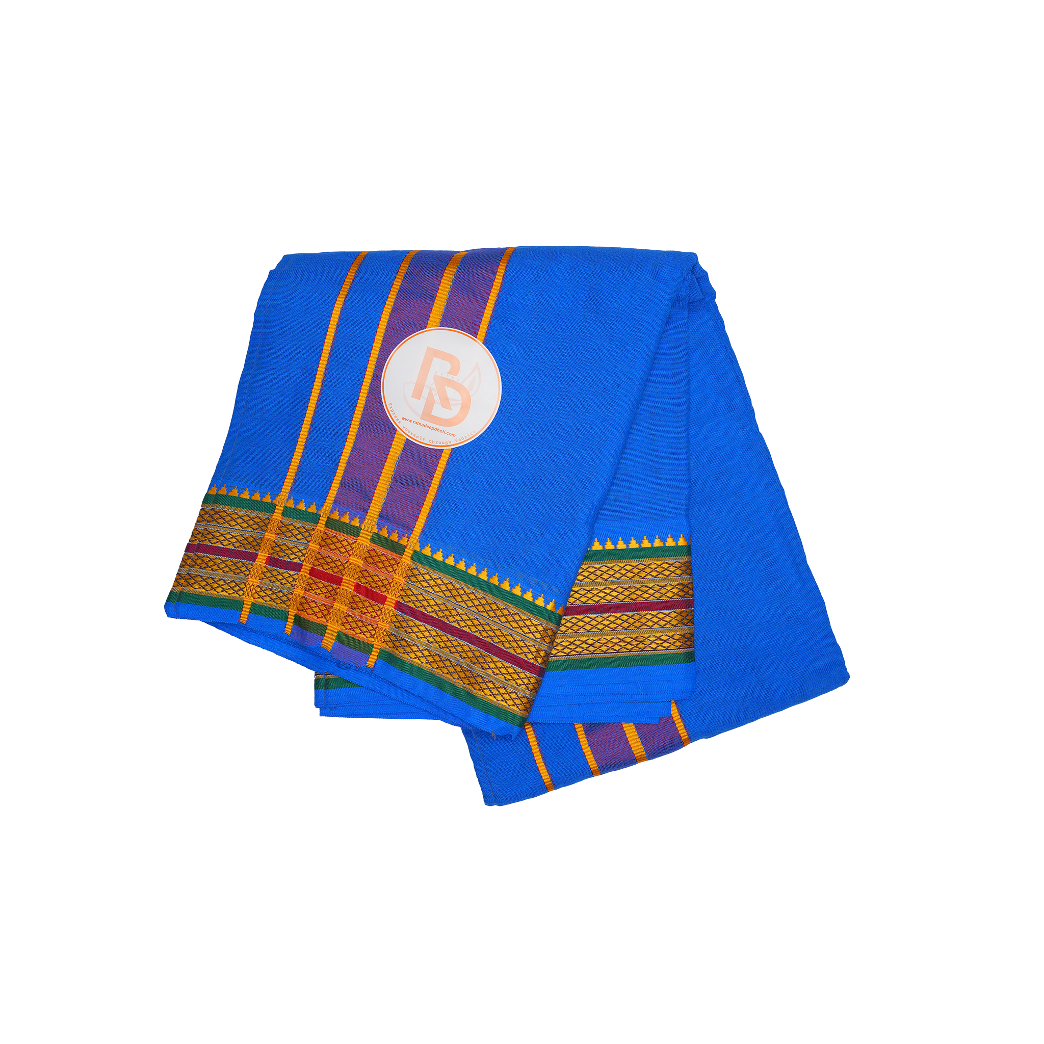 traditional woven zari border royal blue cotton dhoti set