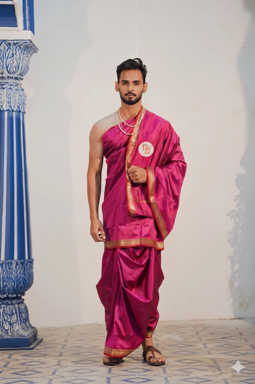 Man wearing a traditonal gold zari border artificial silk pink dhoti with uparana