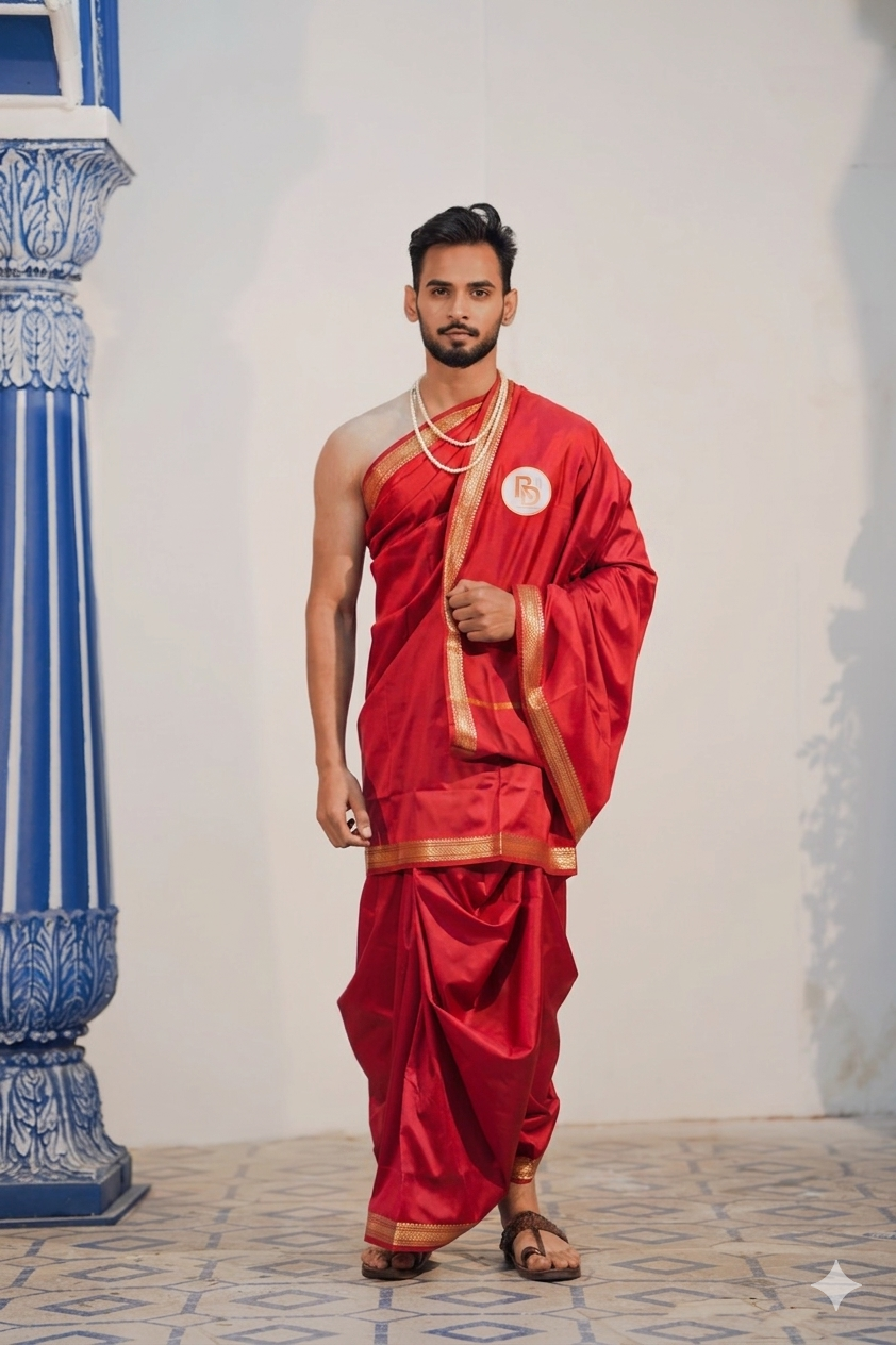 Man wearing a traditonal gold zari border artificial silk red dhoti with uparana
