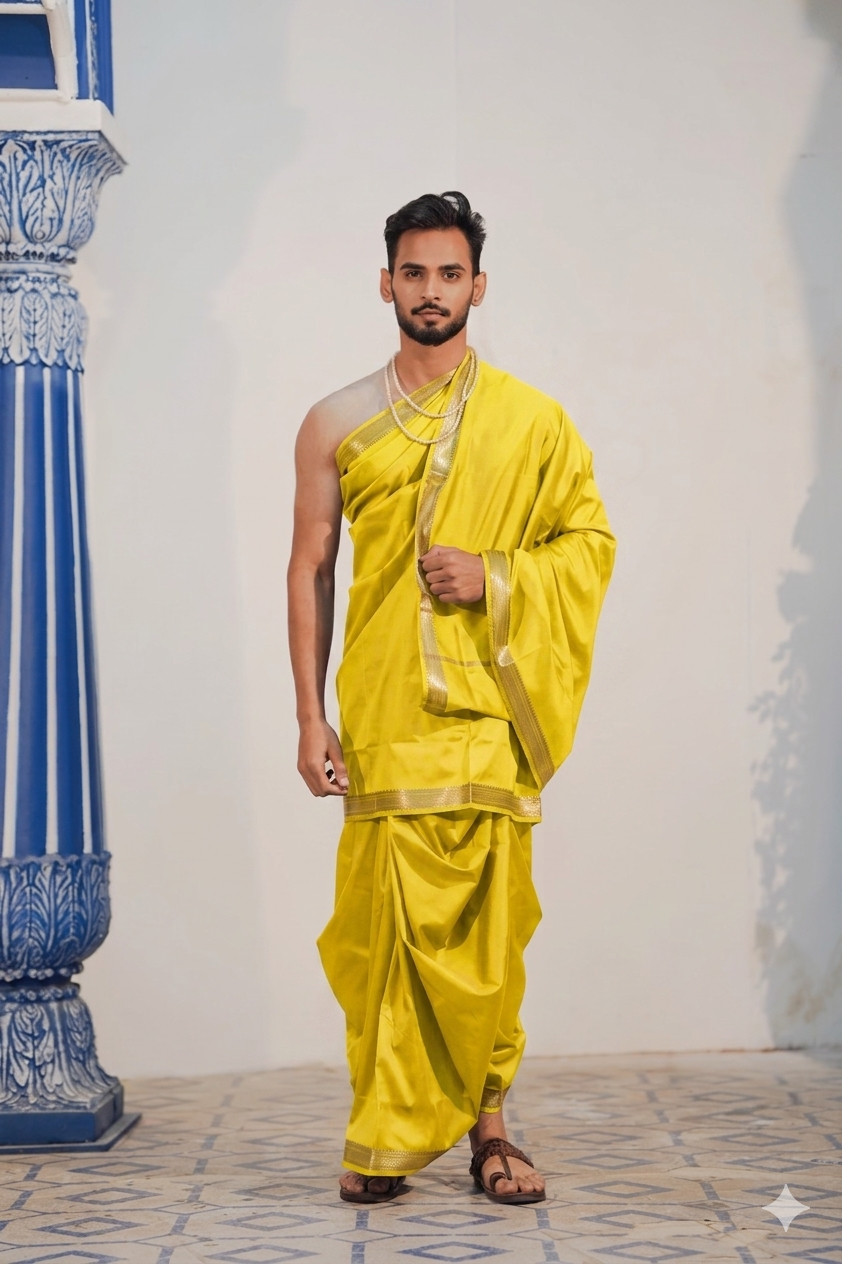 Man wearing a traditonal gold zari border artificial silk yellow dhoti with uparana