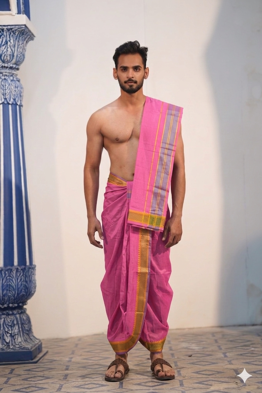 Man wearing a trending golden border pink cotton dhoti with matching uparana