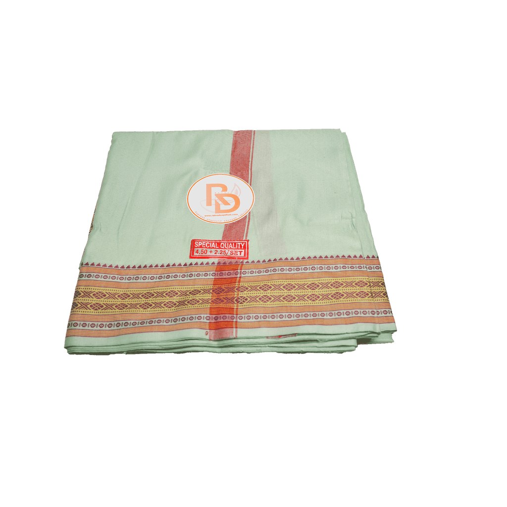 triangle and chain motif border pista green cotton dhoti set