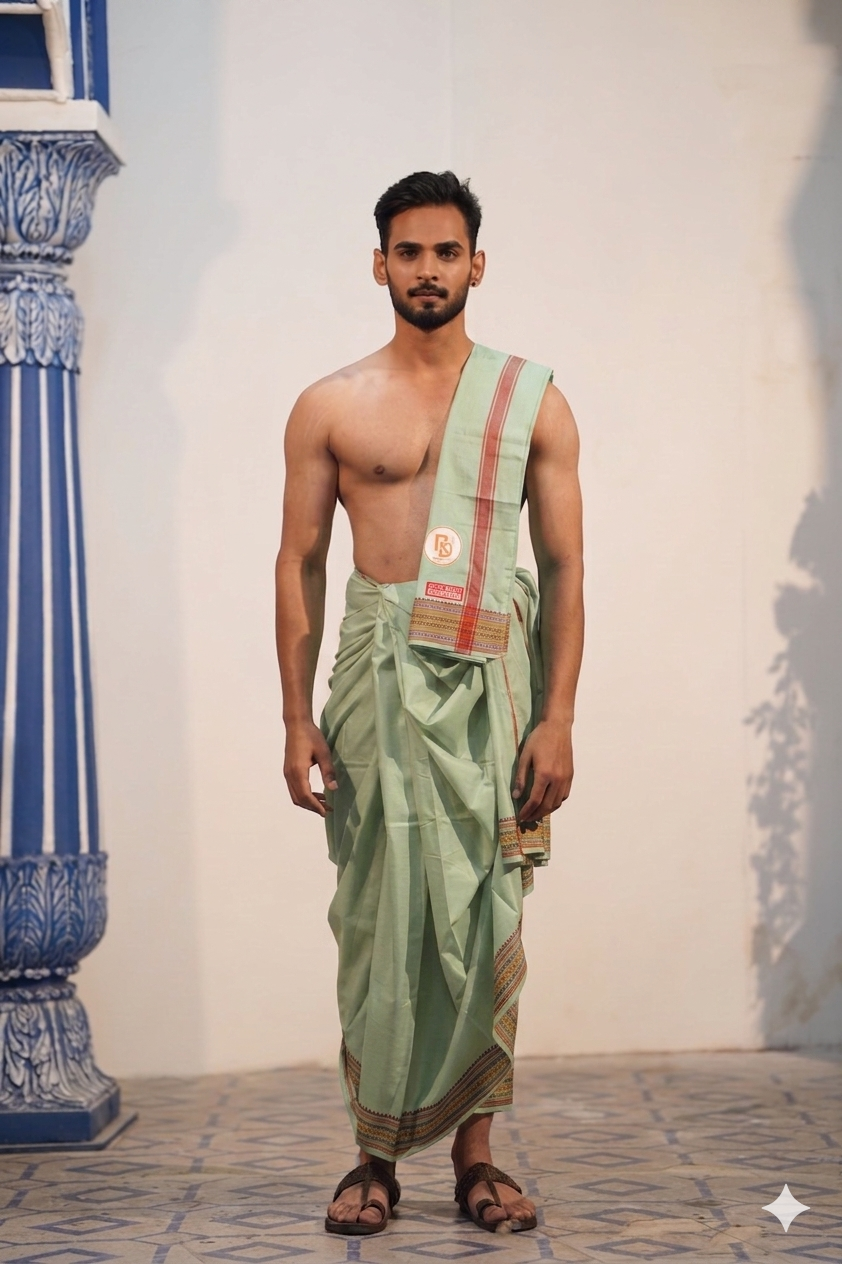 Man wearing a triangle and chain motif border pista green cotton dhoti with matching khes