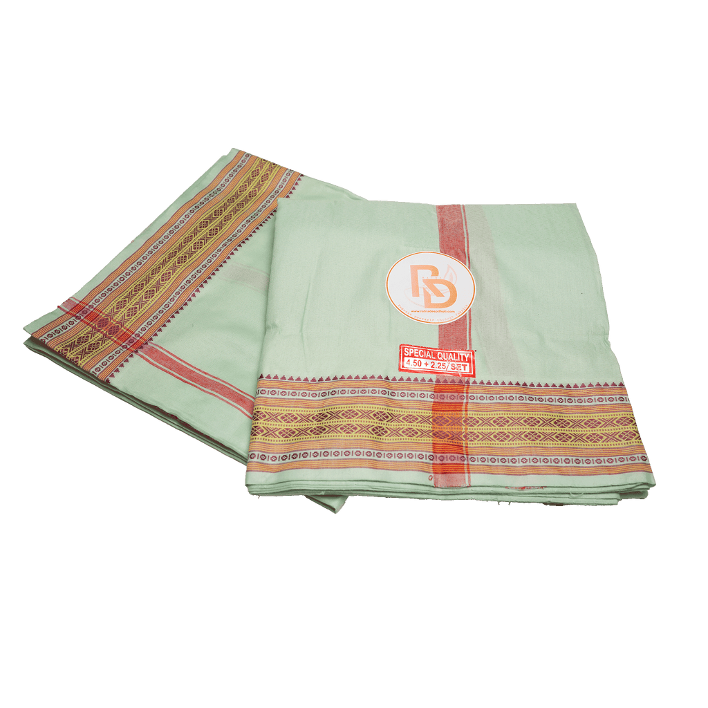 triangle and chain motif border pista green cotton dhoti set