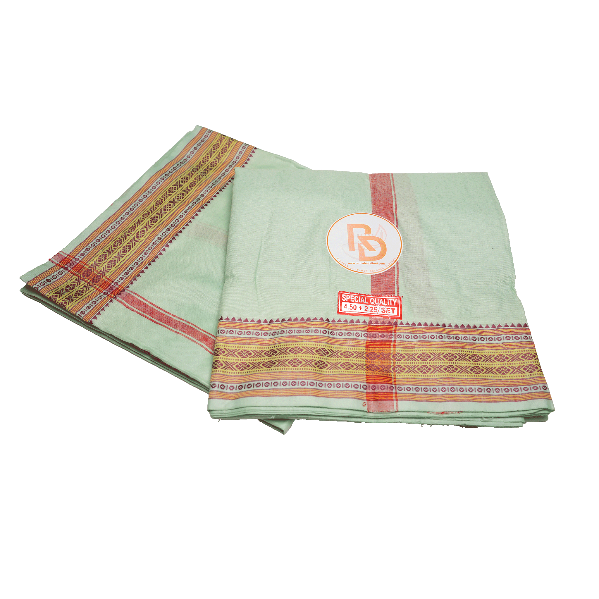 triangle and chain motif border pista green cotton dhoti set