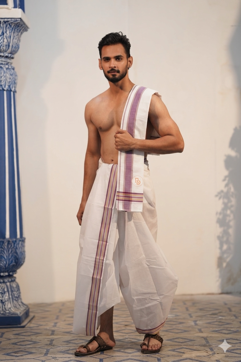 Man wearing a vibrant multicolour stripe border white cotton dhoti with angavastram