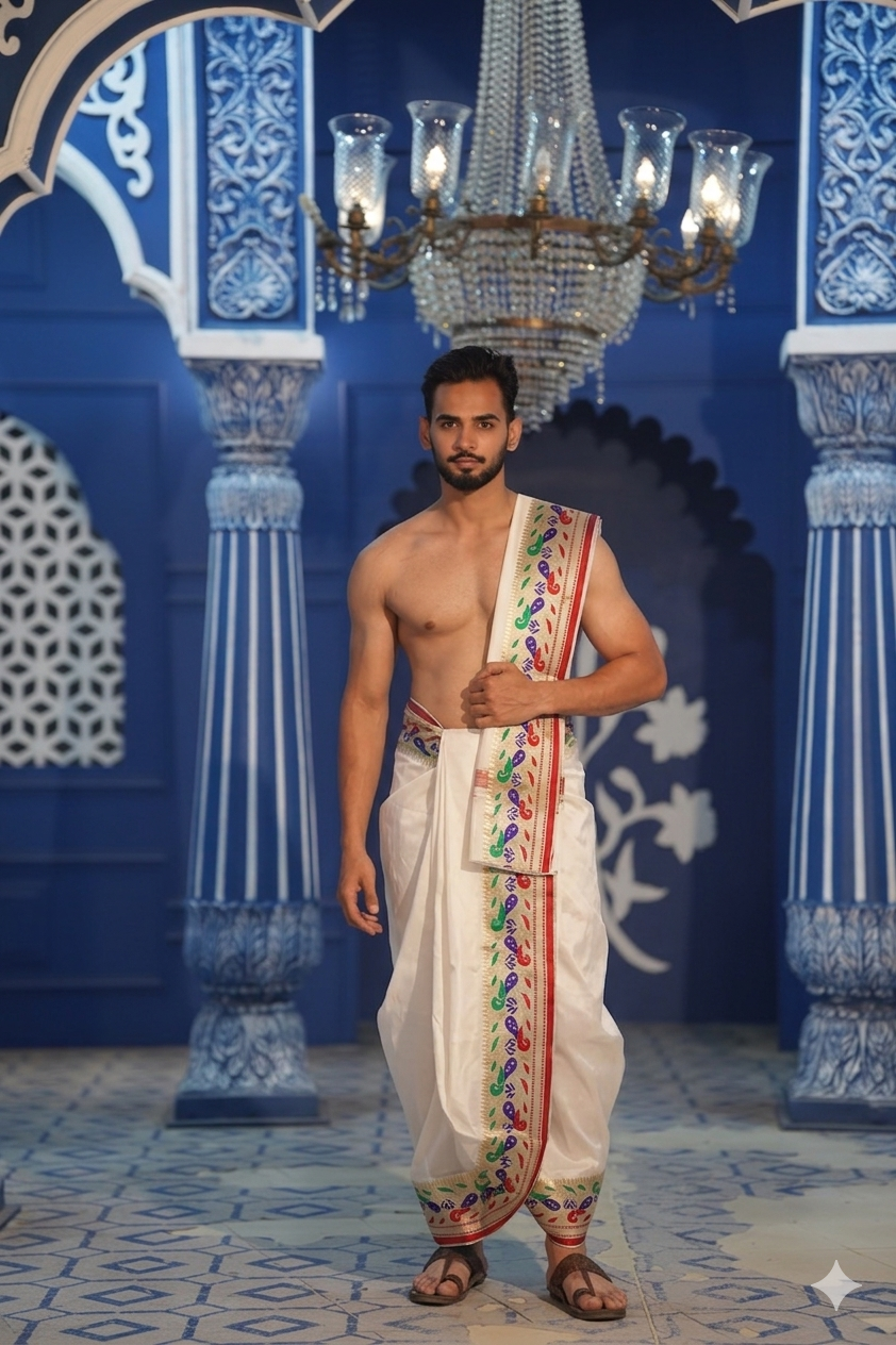 Man wearing a white artificial silk dhoti with khes