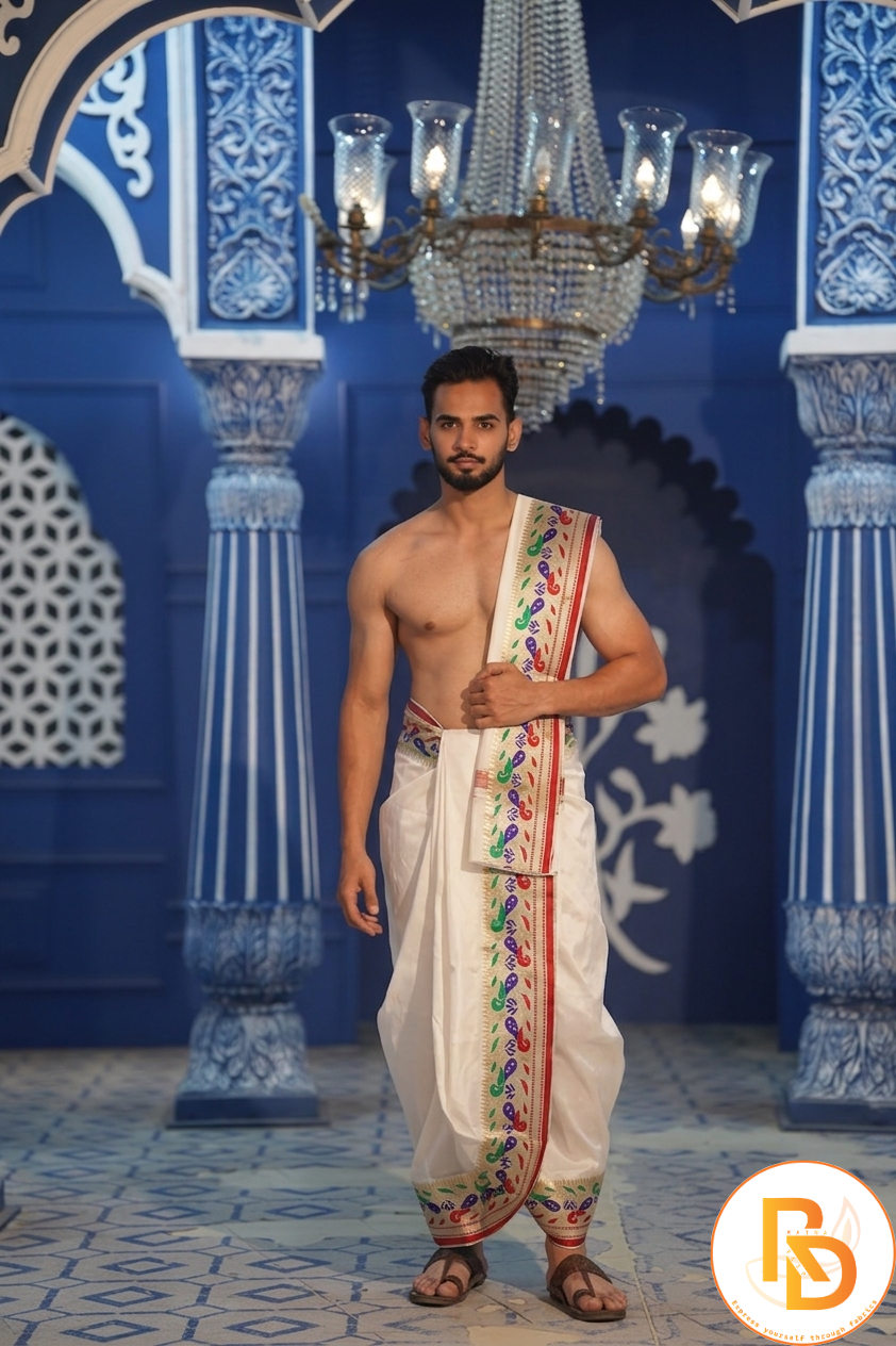 Man wearing a white artificial silk dhoti with khes