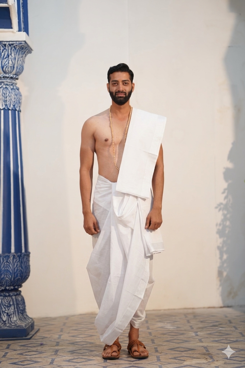 Man wearing a white border white cotton dhoti with uparana