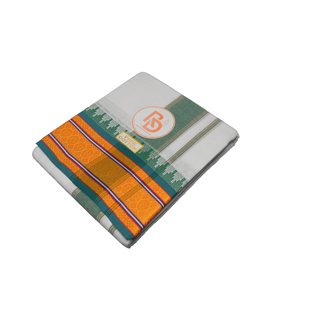 Premium White Cotton Dhoti (10 × 6) with Mustard-Gold Temple Border & Green Accents Ratnadeep Dhoti